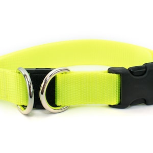 Personalized BREAKAWAY Safety Dog Collar in Neon Yellow, High Vis, Tagless, CNC Engraved Aluminum ID Buckle