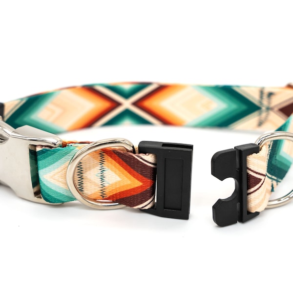 BREAKAWAY Personalized "Cheyenne" Dog Collar - safety collar, tribal, southwestern, striped, rainbow, colorful