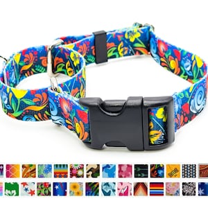PRINTS - Quick-Release Buckle Martingale Dog Collar, strong welded hardware - 30 patterns, 4 widths