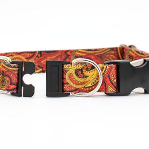 BREAKAWAY Personalized Fire Paisley Dog Collar - safety collar, goats, pigs, sheep, orange, red, black, yellow