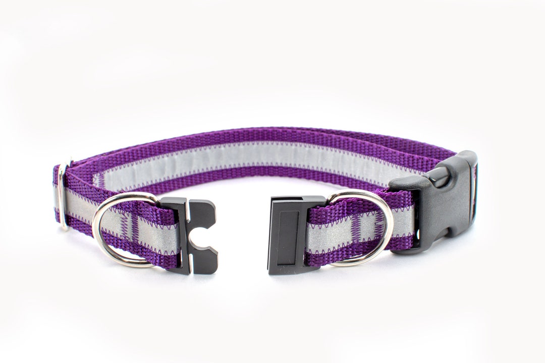 Personalized Breakaway Safety Dog Collar in Reflective Purple, Tagless, CNC Engraved Aluminum