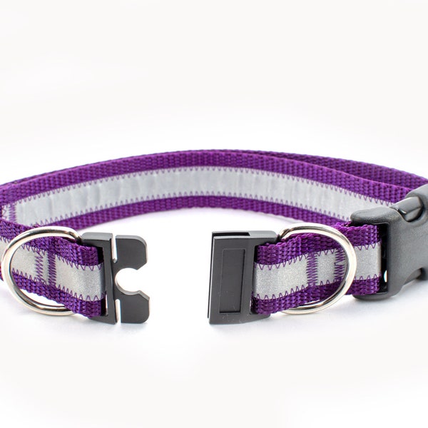 Personalized BreakAway Safety Dog Collar in Reflective Purple, Tagless, CNC Engraved Aluminum Metal ID Buckle, made to order