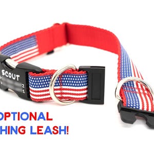 Personalized BREAKAWAY 1&quot; wide Safety Dog Collar, CNC Engraved Aluminum Metal ID Buckle, with matching leash, American Flag, 4th of July