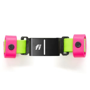 May include: A smart dog collar featuring a central black rectangular module with the white text fi and a vertical white line. The collar band is bright neon green, accented by two vibrant hot pink loops on each side, each secured with a black snap.