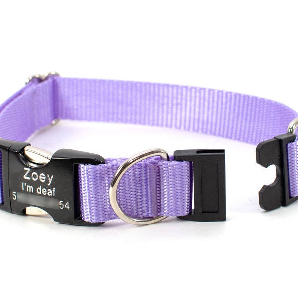 Personalized BREAKAWAY Safety Dog Collar in Lavender, Lilac Tagless, CNC Engraved Aluminum ID Buckle
