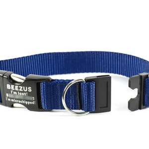 Personalized BREAKAWAY Safety Dog Collar in Navy Blue, Tagless, CNC Engraved Aluminum Metal ID Buckle