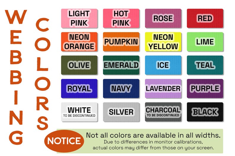 a collection of color labels, each representing a different color, arranged in a grid format. The labels are organized in rows and columns, with each color labeled in a separate box. The image also includes a notice that states that not all colors are available in all widths, and that actual colors may differ from those on the screen due to differences in monitor calibrations.