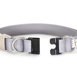 Personalized BREAKAWAY Safety Dog Collar in Silver / Gray, Tagless, CNC Engraved Aluminum Metal ID Buckle