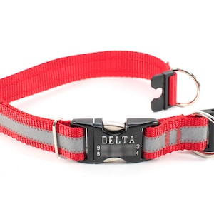 Personalized BREAKAWAY Safety Dog Collar in Reflective Red, Tagless, CNC Engraved Aluminum Metal ID Buckle