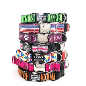Personalized BREAKAWAY 1&quot; wide Safety Dog Collar, CNC Engraved Aluminum Metal ID Buckle, made to order, choose a print