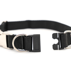 Personalized BREAKAWAY Safety Dog Collar in Black, Tagless, CNC Engraved Aluminum Metal ID Buckle