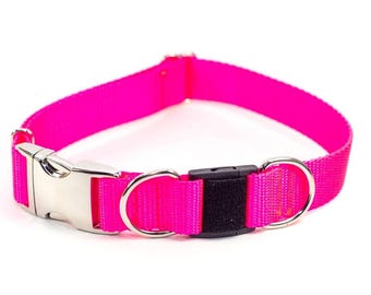 Personalized BREAKAWAY Safety Dog Collar in Hot Pink, High Vis, Tagless, CNC Engraved Aluminum ID Buckle