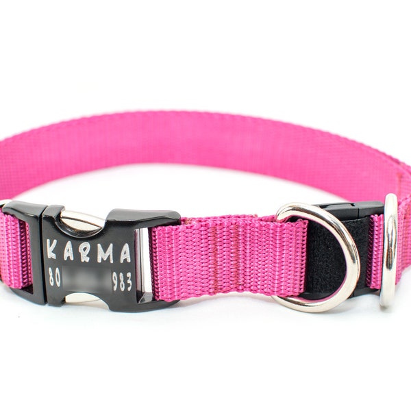 Personalized BREAKAWAY Safety Dog Collar in Rose Pink, Tagless, CNC Engraved Aluminum Metal ID Buckle