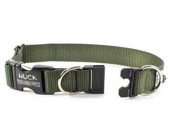 Personalized BREAKAWAY Safety Dog Collar in Olive Green, Army Green, Tagless, CNC Engraved Aluminum Metal ID Buckle