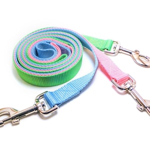 May include: A multi-colored pet leash featuring a coiled strap with alternating stripes of neon green, light blue, and soft pink. The leash includes two silver-toned metal swivel snap hooks attached to the ends for secure fastening.