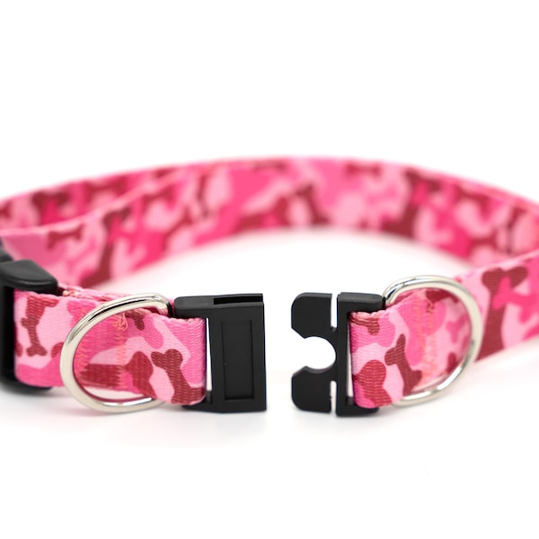 BREAKAWAY Personalized Pink Bones Camo Dog Collar - safety collar, goats, pink, girly, camo, biscuits, dog bone