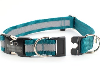 Personalized BREAKAWAY Safety Dog Collar in Reflective Teal, Tagless, CNC Engraved Aluminum Metal ID Buckle