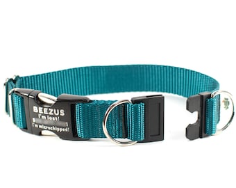 Personalized BREAKAWAY Safety Dog Collar in Teal, Tagless, CNC Engraved Aluminum Metal ID Buckle
