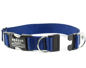 Personalized BREAKAWAY Safety Dog Collar in Navy Blue, Tagless, CNC Engraved Aluminum Metal ID Buckle