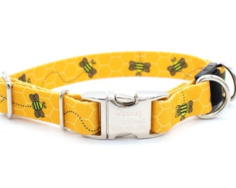 BREAKAWAY Personalized Busy Bees Dog Collar - safety collar, goats, save the bees, bright, buzz, gold, honey, cute