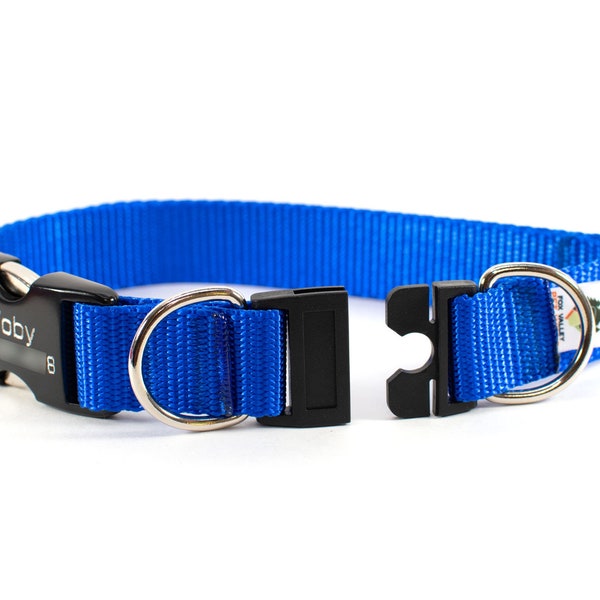 Personalized BREAKAWAY Safety Dog Collar in Royal Blue, Tagless, CNC Engraved Aluminum Metal ID Buckle, made to order