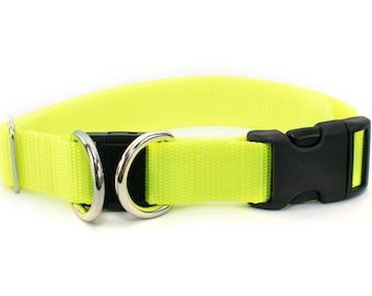 Personalized BREAKAWAY Safety Dog Collar in Neon Yellow, High Vis, Tagless, CNC Engraved Aluminum ID Buckle