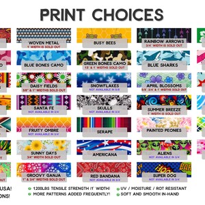 Puede incluir: Una muestra de opciones de estampados textiles, con dise&ntilde;os como Fire Paisley, Woven Metal y Busy Bees. Cada patr&oacute;n est&aacute; etiquetado con su nombre y disponibilidad de ancho, como 1,9 cm o 3,8 cm. El texto en la parte inferior dice "Made in the USA!" y "Limited Editions!"