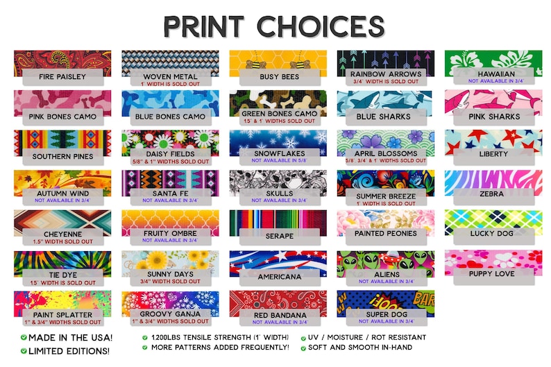 Puede incluir: Una muestra de opciones de estampados textiles, con dise&ntilde;os como Fire Paisley, Woven Metal y Busy Bees. Cada patr&oacute;n est&aacute; etiquetado con su nombre y disponibilidad de ancho, como 1,9 cm o 3,8 cm. El texto en la parte inferior dice "Made in the USA!" y "Limited Editions!"