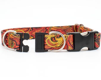 BREAKAWAY Personalized Fire Paisley Dog Collar - safety collar, goats, pigs, sheep, orange, red, black, yellow