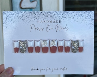 Duck nails with White French tip and bling