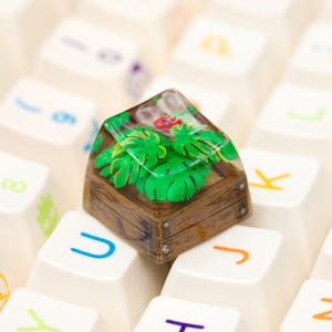 May include: A custom keyboard keycap featuring a miniature terrarium design. The keycap has a wooden base with a clear resin top, showcasing vibrant green plants and a small red accent. The keycap is set against a background of white keyboard keys.