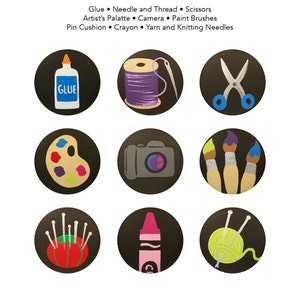 May include: Nine colorful circles on a black background, each depicting a different craft supply. The supplies include glue, thread, scissors, a paint palette, a camera, paint brushes, a pin cushion, a crayon, and yarn.