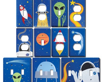 Switch Plate - Custom Hand Painted Wooden Light Switch or Electrical Cover Plate Outer Space Rocket Ship Theme