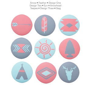 May include: Nine round, colorful stickers with various Native American inspired designs. The designs include an arrow, feather, sun, arrowhead, teepee, stag, and geometric patterns. The stickers are perfect for adding a touch of Native American style to your crafts, journals, or laptops.
