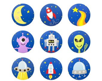 Hand Painted Knob - Children's Custom Hand Painted Space Rocket Ship Planet Alien Children's Drawer Knobs Pulls or Nail Covers for Kids