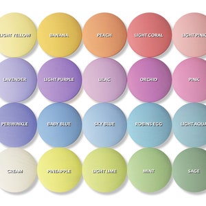 May include: A chart of 20 color swatches with the names of each color written below. The colors are arranged in rows of five, starting with light yellow, banana, peach, light coral, and light pink. The second row is lavender, light purple, lilac, orchid, and pink. The third row is periwinkle, baby blue, sky blue, robin's egg, and light aqua. The fourth row is cream, pineapple, light lime, mint, and sage.