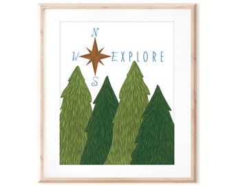 Explore Print with Trees and Compass - Printable Woodland Art from Original Hand Painted Designs - Digital Download - DIY Wall Art Print