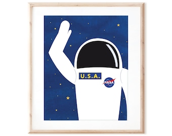 Waving Astronaut - Outer Space Art - Printable Art from Original Hand Painted Designs - Instant Digital Download - DIY Wall Art Print