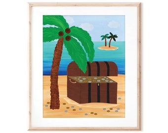 Pirate's Treasure Chest Under a Palm Tree - Printable Art from Original Hand Painted Designs - Instant Digital Download - DIY Wall Art Print