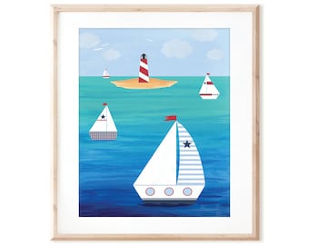 Sailboats on the Water - Nautical Ocean Art - Printable Art from Original Hand Painted Designs - Digital Download - DIY Wall Art Print