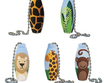 Children&#39;s Fan Pull or Lamp Finial - Custom Hand Painted Jungle Safari Zoo Animal Kid&#39;s Ceiling Fan Pull with Silver or Gold Chain
