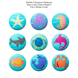 May include: Nine colorful painted circles with different sea creatures on a white background. The circles are arranged in three rows of three. The sea creatures include a starfish, octopus, seahorse, shark, sea turtle, dolphin, fish, whale, and crab. The text above the circles reads: "Starfish • Octopus • Seahorse Shark • Sea Turtle • Dolphin Fish • Whale • Crab"