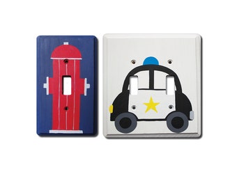 Switch Plate - Custom Hand Painted Wooden Light Switch or Electrical Cover Plate Policeman or Fireman Theme