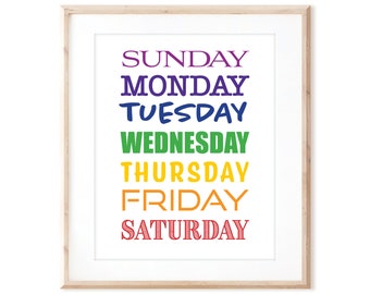 Days of the Week Print in Bright Rainbow Colors - Printable Educational Art  - Instant Digital Download - DIY Wall Art Print