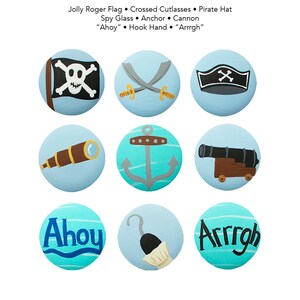 May include: Nine circular illustrations with a pirate theme on a light blue backdrop. The designs feature a Jolly Roger flag, crossed cutlasses, a pirate hat, a spyglass, an anchor, a cannon, the word "Ahoy", a hook hand, and the word "Arrrgh".