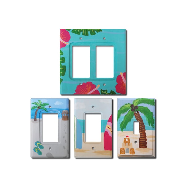 Placa de interruptor - Interruptor de luz de madera pintado a mano personalizado o placa de cubierta eléctrica tropical hawaiano Surfer o cualquier tema