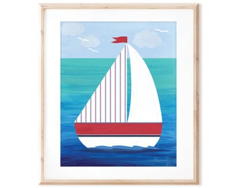Sailboat Print - Nautical Ocean Art - Printable Art from Original Hand Painted Designs - Instant Digital Download - DIY Wall Art Print