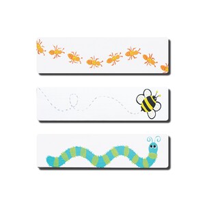 May include: Three white rectangular signs with different illustrations. The top sign has a line of orange ants marching across the sign. The middle sign has a black and yellow bee flying across the sign with a dotted line behind it. The bottom sign has a blue and green caterpillar with a yellow stripe across the sign.