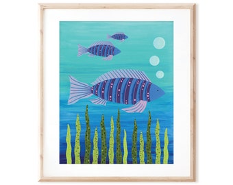 Blue Fish - Ocean Art - Printable Art from Original Hand Painted Designs - Instant Digital Download - DIY Wall Art Print