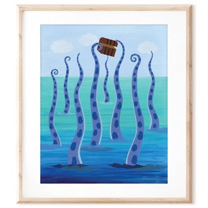 Kraken Sea Monster con pirate&#39;s treasure - Arte stampabile da disegni originali dipinti a mano - Download digitale istantaneo - Stampa artistica murale fai-da-te